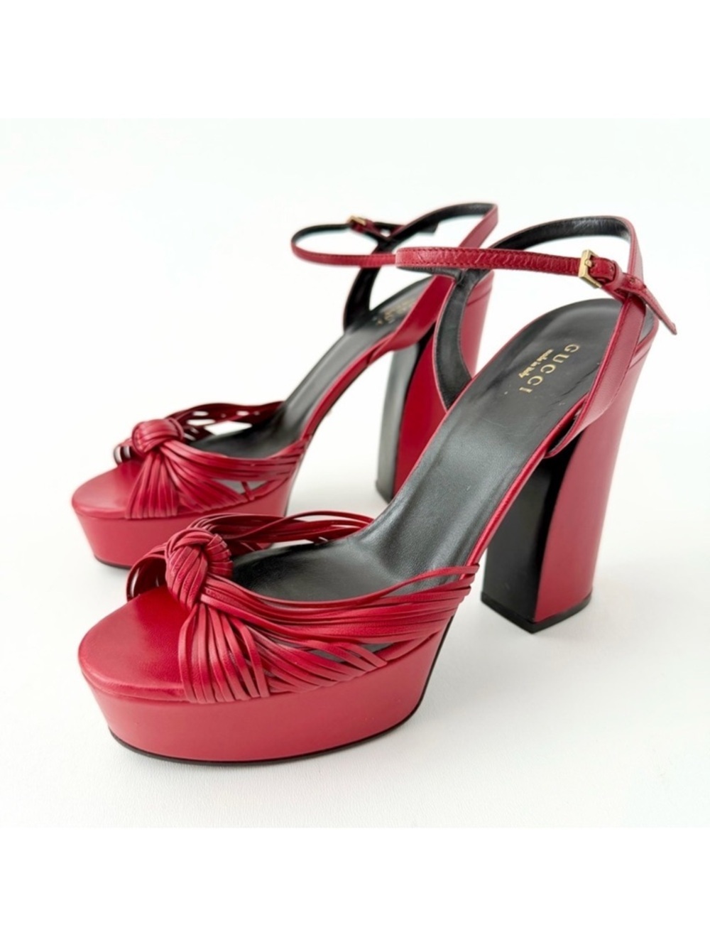 GUCCI | Red Leather Allie Knot Platform High Heels Sandals 39.5 - Picture 1 of 16